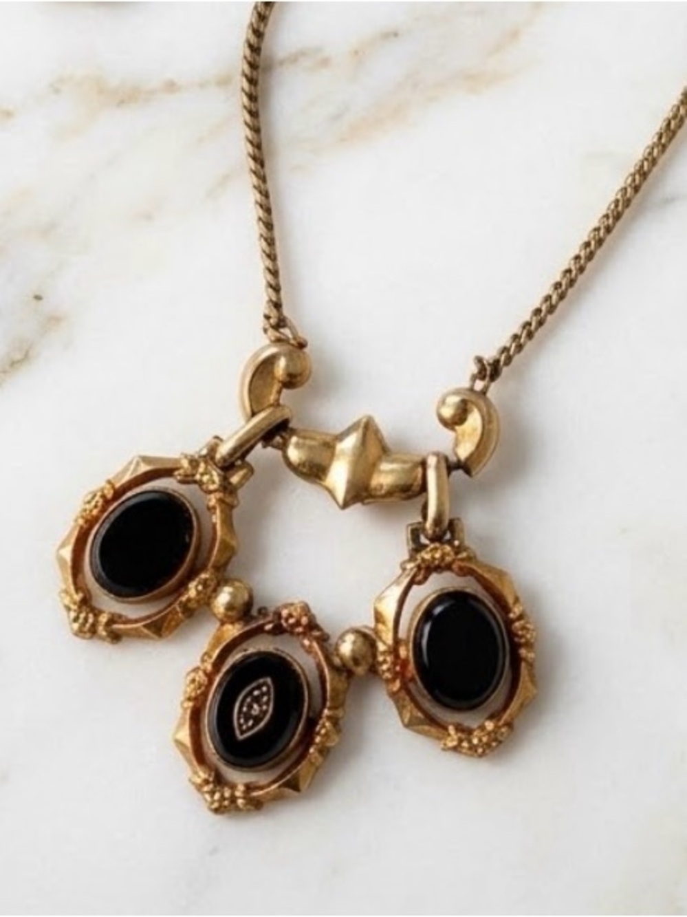 Vintage 12k Gold Filled Signed CC Curtis Creations Black Onyx Y Drop Necklace